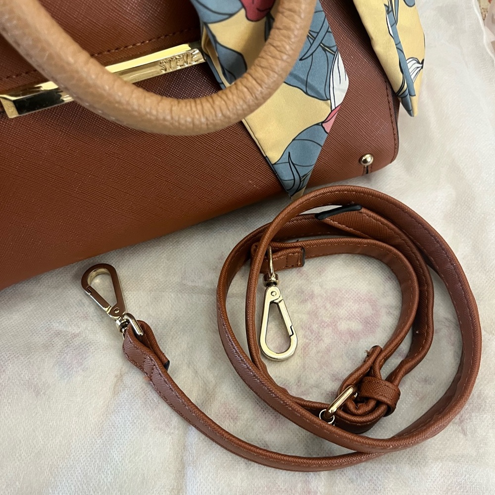 Steve Madden Brown Satchel with Floral Scarf Like New 11x8 - Picture 8 of 8